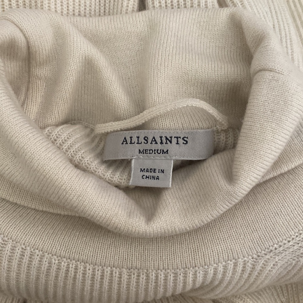 All Saints Roza Cashmere Wool Turtleneck Sweater Ribbed Midi Dress Cream White - Picture 9 of 11